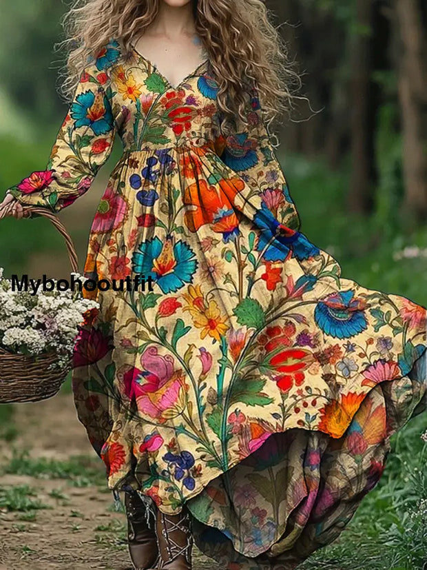 Vintage Floral Art Print V Neck Elegant Chic Loose Long Sleeve Midi Dress A / S