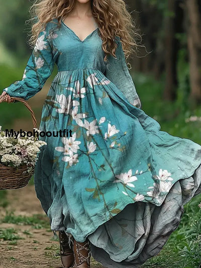 Vintage Floral Art Print V Neck Elegant Chic Loose Long Sleeve Midi Dress A / S