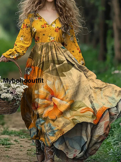 Vintage Floral Art Print V-Neck Elegant Chic Loose Long Sleeve Midi Dress A / S