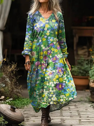 Vintage Floral Art Print V Neck Elegant Chic Loose Long Sleeve Midi Dress A / S