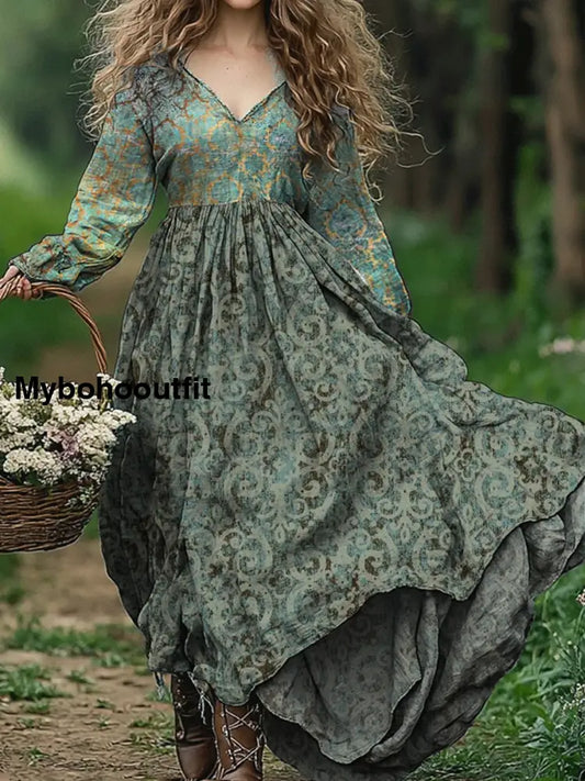 Vintage Floral Art Print V-Neck Elegant Chic Loose Long Sleeve Midi Dress A / S