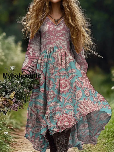 Vintage Floral Art Print V Neck Elegant Chic Loose Long Sleeve Midi Dress A / S