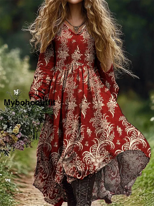 Vintage Floral Art Print V Neck Elegant Chic Loose Long Sleeve Midi Dress A / S