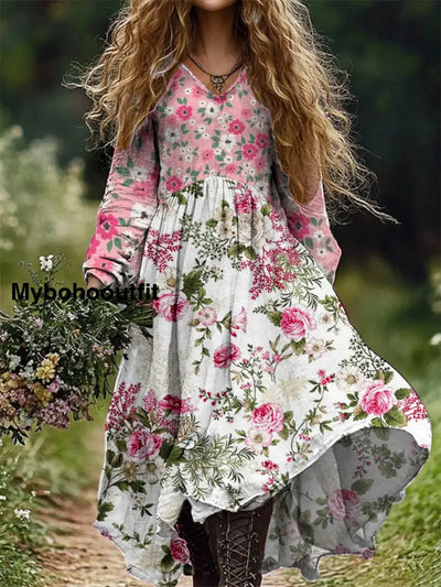 Vintage Floral Art Print V-Neck Elegant Chic Loose Long Sleeve Midi Dress A / S