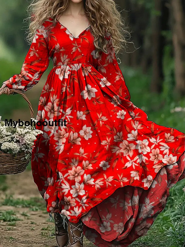 Vintage Floral Art Print V Neck Elegant Chic Loose Long Sleeve Midi Dress A / S