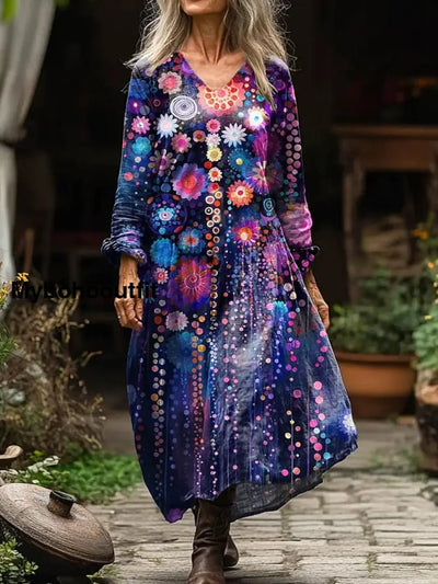 Vintage Floral Art Print V Neck Elegant Chic Loose Long Sleeve Midi Dress A / S