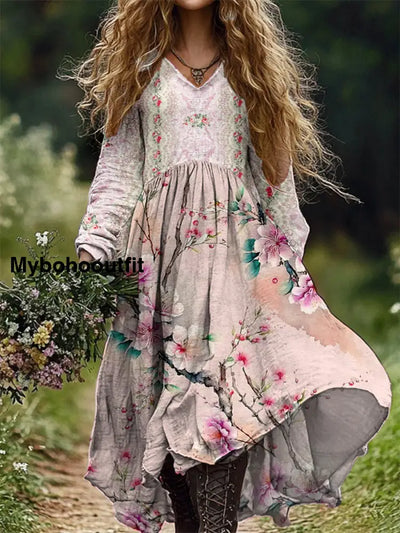 Vintage Floral Art Print V-Neck Elegant Chic Loose Long Sleeve Midi Dress A / S