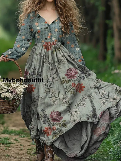 Vintage Floral Art Print V Neck Elegant Chic Loose Long Sleeve Midi Dress A / S