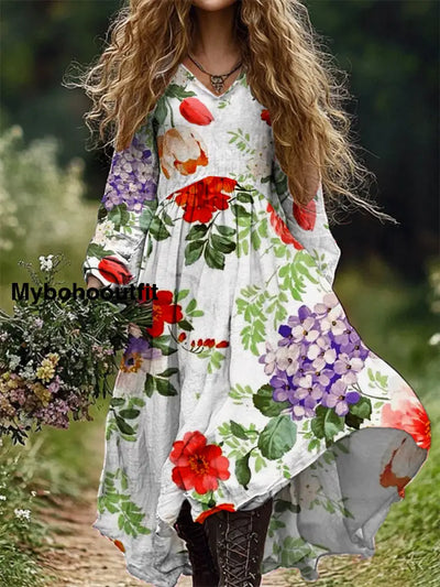 Vintage Floral Art Print V-Neck Elegant Chic Loose Long Sleeve Midi Dress A / S