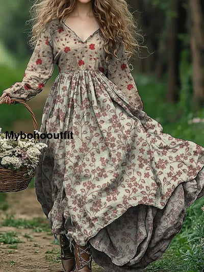 Vintage Floral Art Print V-Neck Elegant Chic Loose Long Sleeve Midi Dress A / S