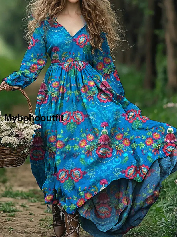 Vintage Floral Art Print V Neck Elegant Chic Loose Long Sleeve Midi Dress A / S