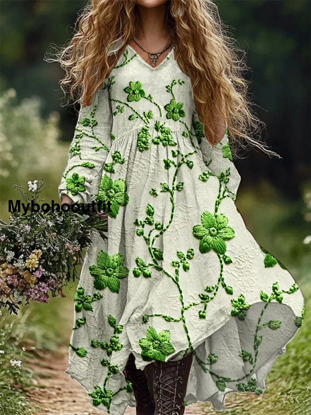 Vintage Floral Art Print V Neck Elegant Chic Loose Long Sleeve Midi Dress A / S