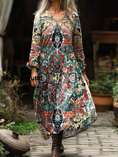 Vintage Floral Art Print V Neck Elegant Chic Loose Long Sleeve Midi Dress A / S