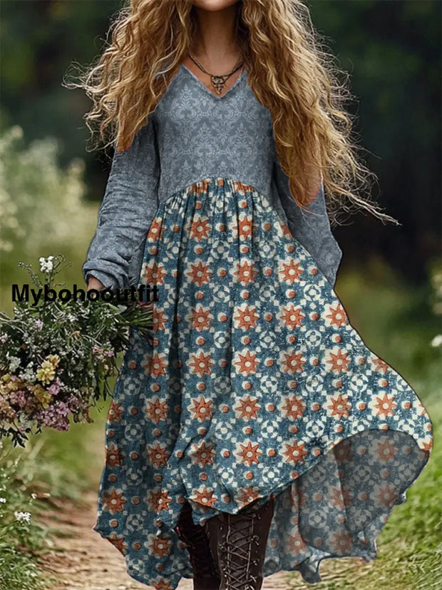 Vintage Floral Art Print V Neck Elegant Chic Loose Long Sleeve Midi Dress A / S