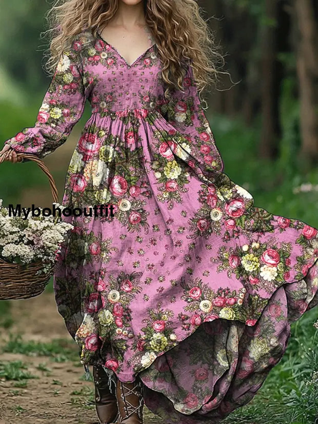 Vintage Floral Art Print V Neck Elegant Chic Loose Long Sleeve Midi Dress A / S