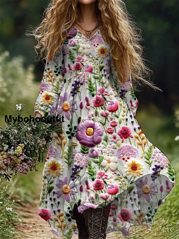 Vintage Floral Art Print V Neck Elegant Chic Loose Long Sleeve Midi Dress A / S