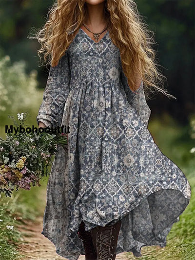 Vintage Floral Art Print V Neck Elegant Chic Loose Long Sleeve Midi Dress A / S