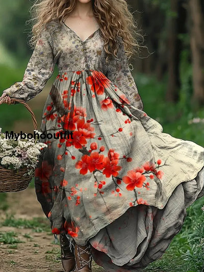 Vintage Floral Art Print V Neck Elegant Chic Loose Long Sleeve Midi Dress A / S