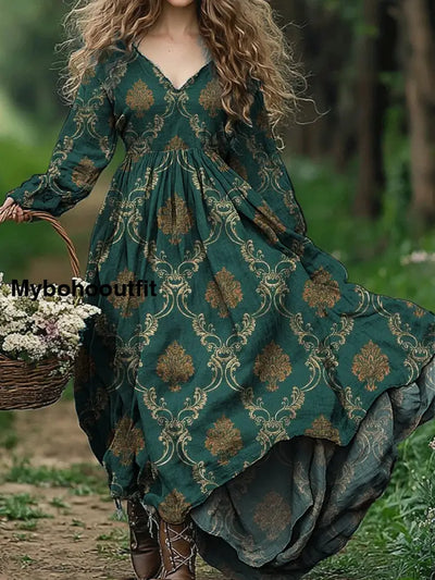 Vintage Floral Art Print V-Neck Elegant Chic Loose Long Sleeve Midi Dress A / S