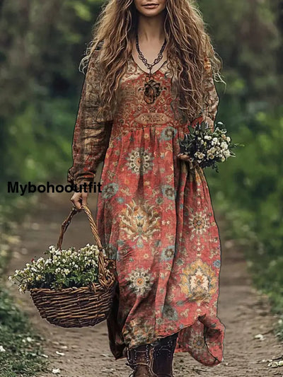 Vintage Floral Art Print V Neck Elegant Chic Loose Long Sleeve Midi Dress A / S