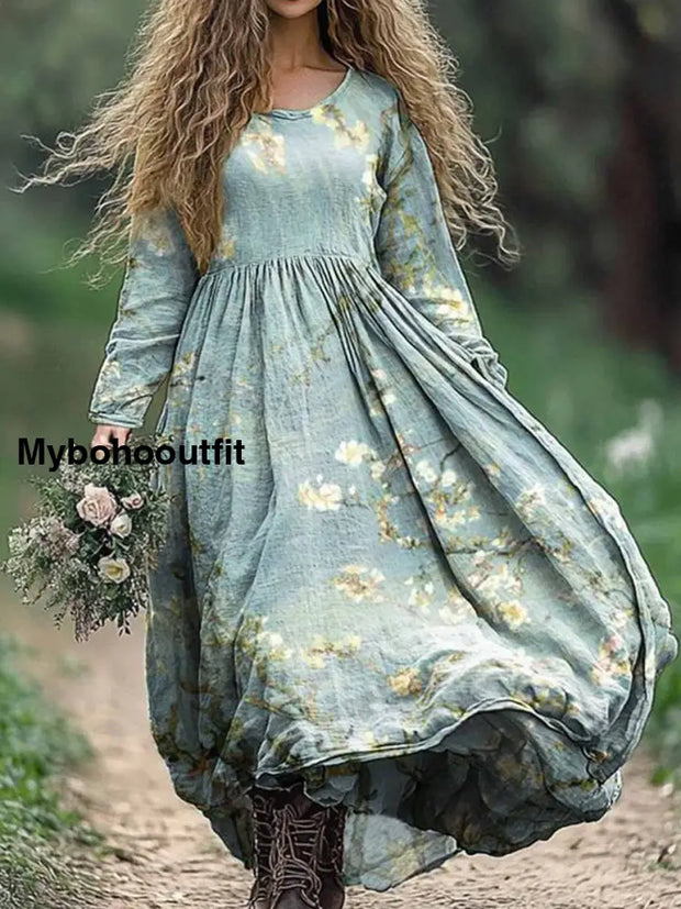 Vintage Floral Art Print V-Neck Elegant Chic Loose Long Sleeve Midi Dress A / S