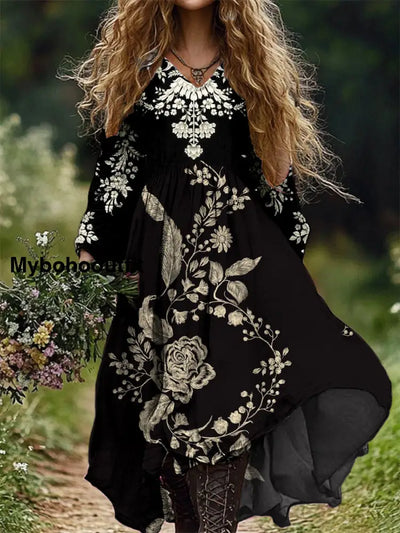 Vintage Floral Art Print V-Neck Elegant Chic Loose Long Sleeve Midi Dress A / S