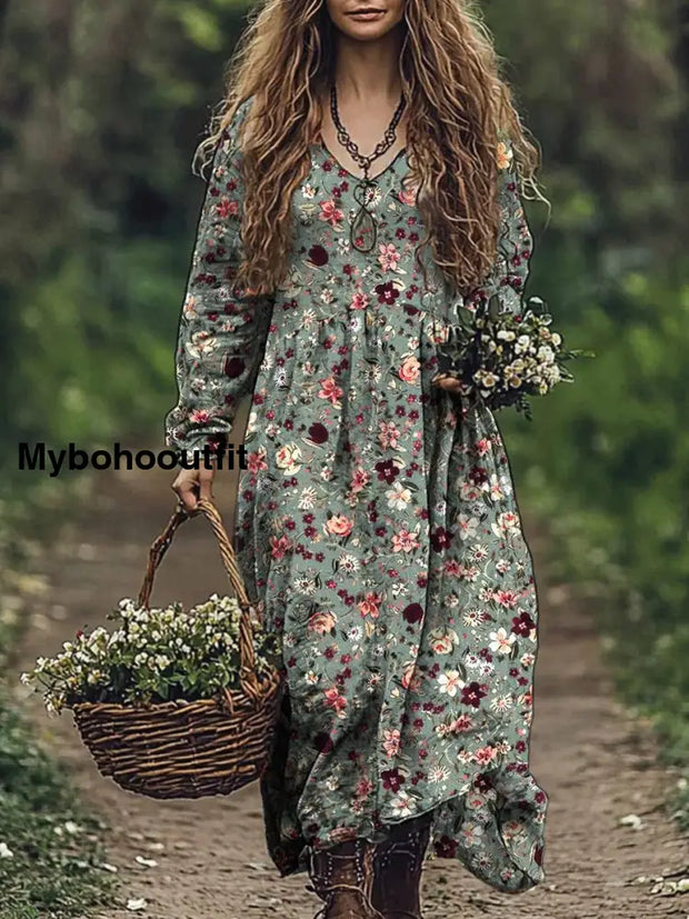 Vintage Floral Art Print V Neck Elegant Chic Loose Long Sleeve Midi Dress A / S