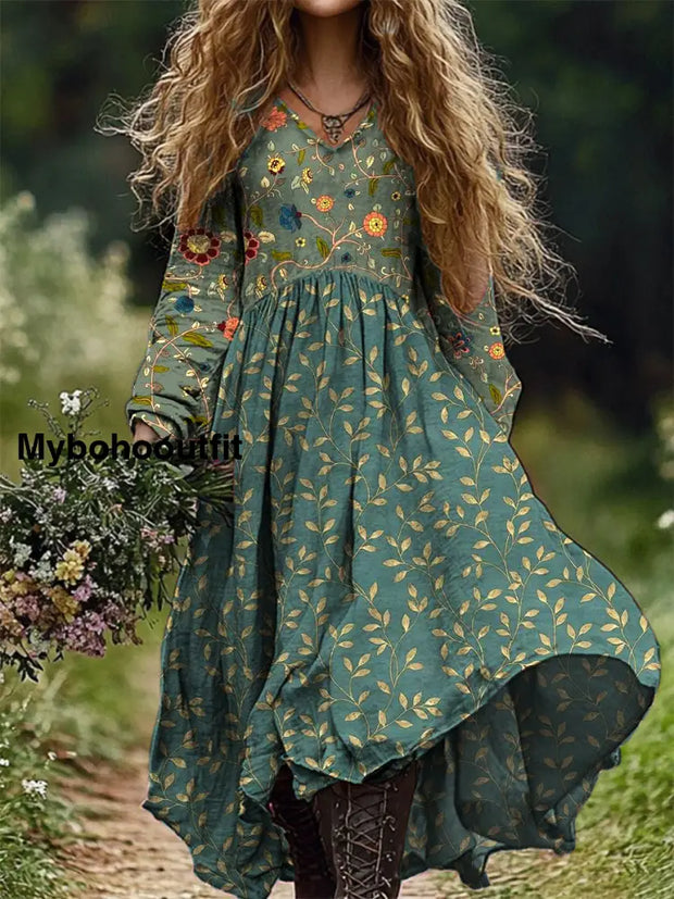 Vintage Floral Art Print V-Neck Elegant Chic Loose Long Sleeve Midi Dress A / S