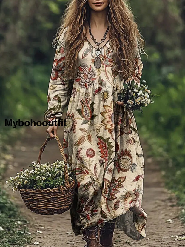 Vintage Floral Art Print V-Neck Elegant Chic Loose Long Sleeve Midi Dress A / S