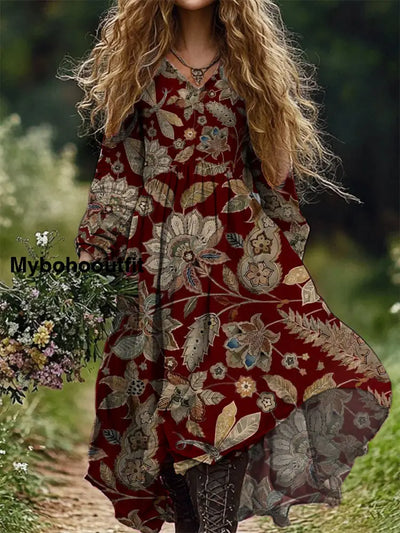 Vintage Floral Art Print V Neck Elegant Chic Loose Long Sleeve Midi Dress A / S