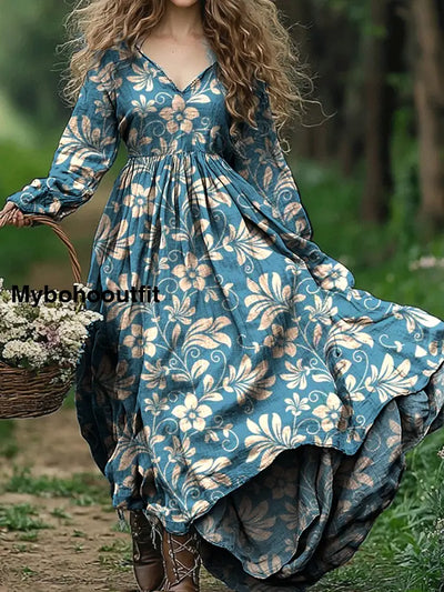 Vintage Floral Art Print V Neck Elegant Chic Loose Long Sleeve Midi Dress A / S