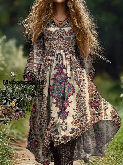 Vintage Floral Art Print V Neck Elegant Chic Loose Long Sleeve Midi Dress A / S