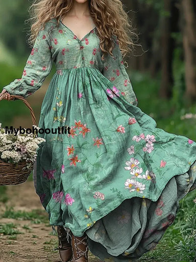 Vintage Floral Art Print V Neck Elegant Chic Loose Long Sleeve Midi Dress A / S