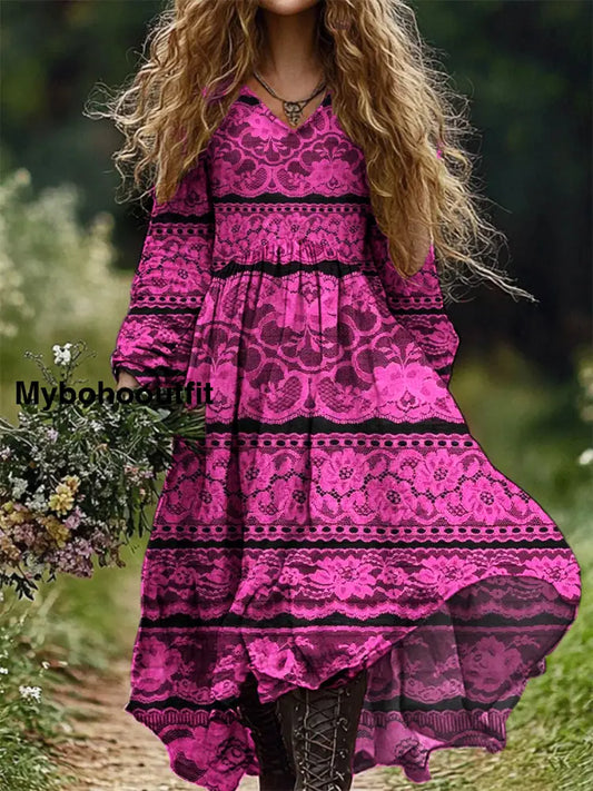 Vintage Floral Art Print V Neck Elegant Chic Loose Long Sleeve Midi Dress A / S