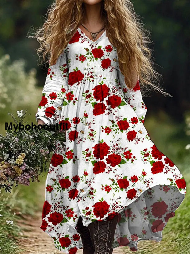 Vintage Floral Art Print V-Neck Elegant Chic Loose Long Sleeve Midi Dress A / S