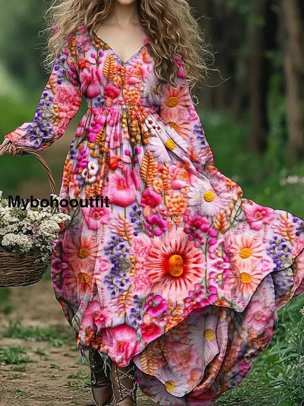 Vintage Floral Art Print V Neck Elegant Chic Loose Long Sleeve Midi Dress A / S