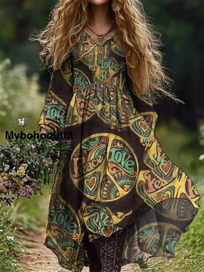 Vintage Floral Art Print V Neck Elegant Chic Loose Long Sleeve Midi Dress A / S