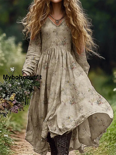 Vintage Floral Art Print V-Neck Elegant Chic Loose Long-Sleeved Midi Dress A / S