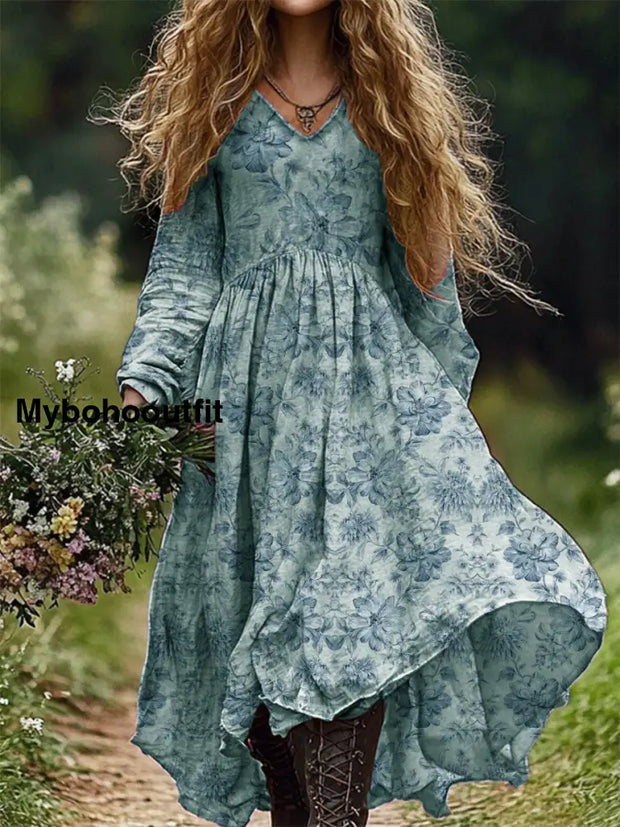 Vintage Floral Art Print V-Neck Elegant Chic Loose Long-Sleeved Midi Dress A / S