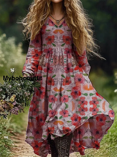 Vintage Floral Art Print V-Neck Elegant Chic Loose Long-Sleeved Midi Dress A / S