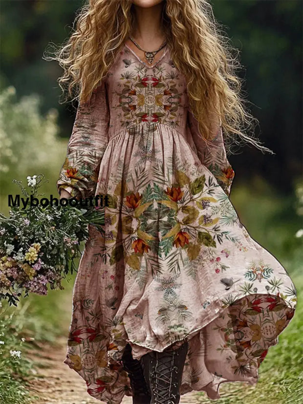 Vintage Floral Art Print V-Neck Elegant Chic Loose Long-Sleeved Midi Dress A / S