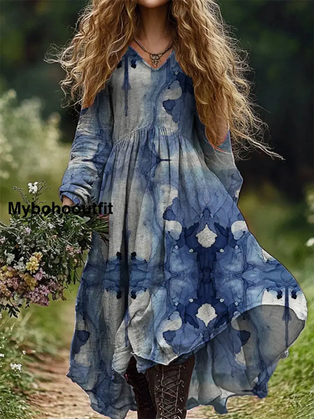 Vintage Floral Art Print V-Neck Elegant Chic Loose Long-Sleeved Midi Dress A / S