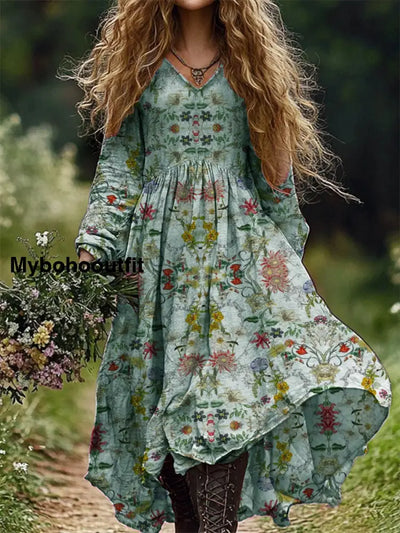 Vintage Floral Art Print V-Neck Elegant Chic Loose Long-Sleeved Midi Dress A / S