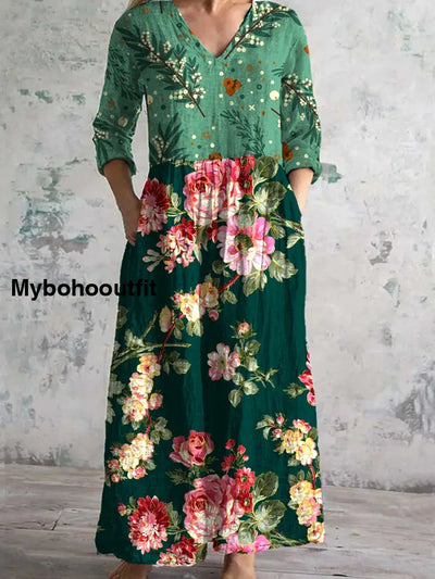 Vintage Floral Print Chic V Neck 3/4 Sleeve Elegant Midi Dress A / S