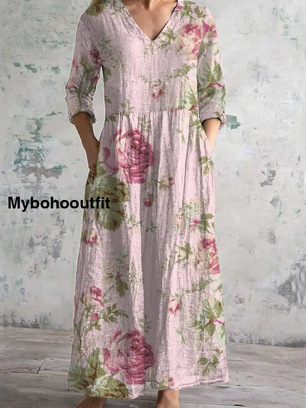 Vintage Floral Print Chic V Neck 3/4 Sleeve Elegant Midi Dress A / S