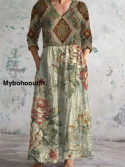 Vintage Floral Print Chic V Neck 3/4 Sleeve Elegant Midi Dress A / S