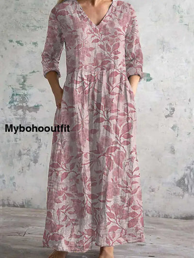 Vintage Floral Print Chic V Neck 3/4 Sleeve Elegant Midi Dress A / S