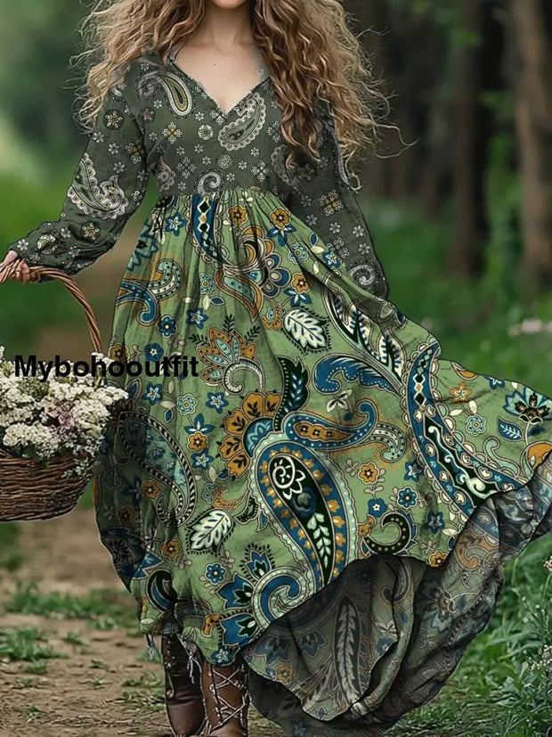 Vintage Floral Print V-Neck Elegant Chic Loose Long Sleeve Midi Dress A / S