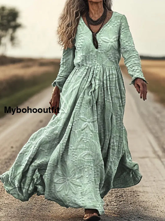 Vintage Floral Print V-Neck Elegant Chic Loose Long Sleeve Midi Dress A / S