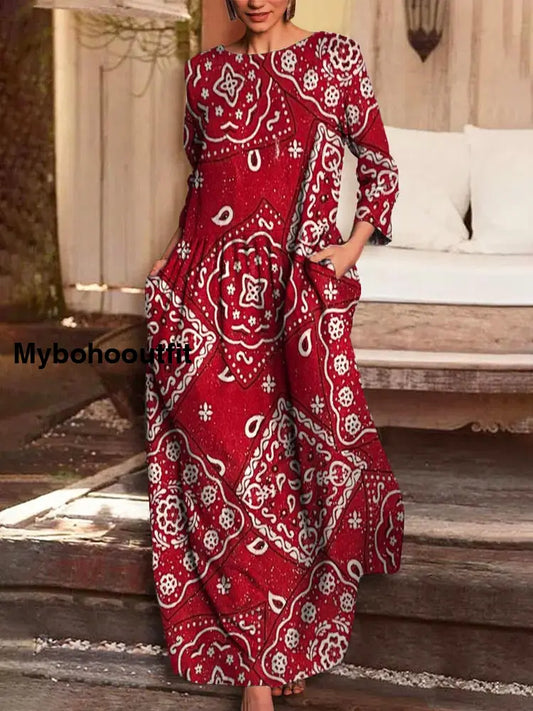 Vintage Floral Print V-Neck Elegant Chic Loose Long Sleeve Midi Dress A / S